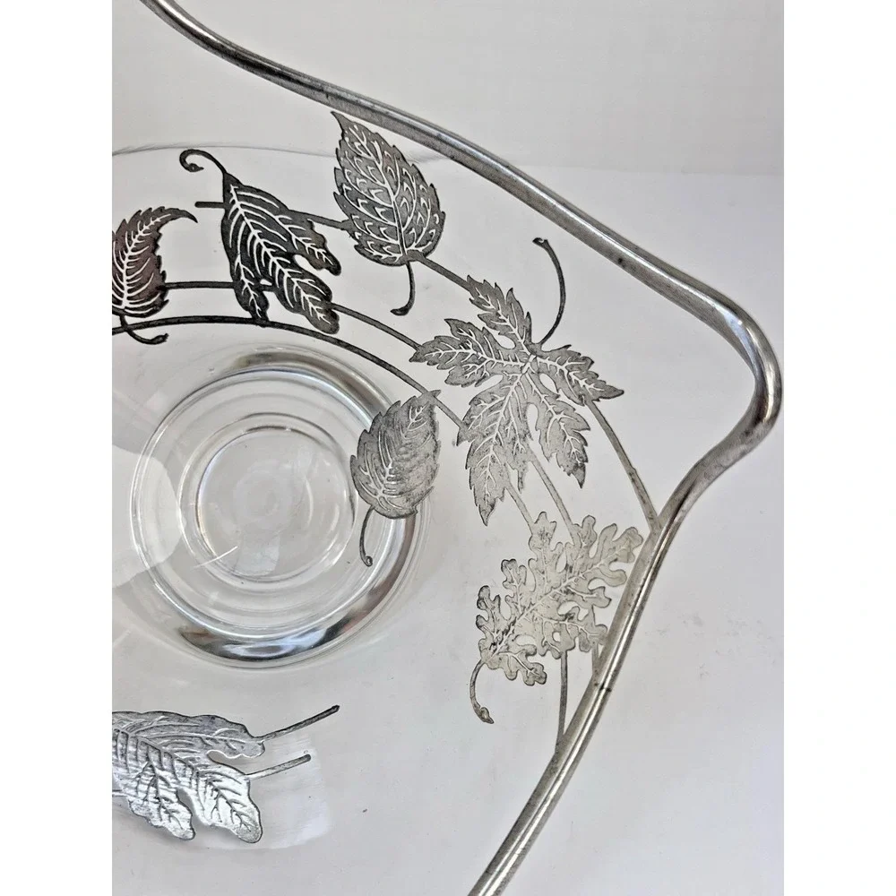 Candy Dish Etched Glass Silver Leaf Pedestal Stand Mid Century Modern Vintage